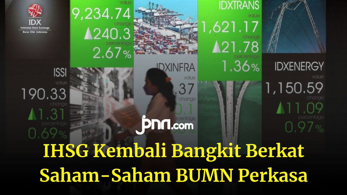 jpnncom's tweet photo. Indeks Harga Saham Gabungan (IHSG) kembali menguat seusai sempat tertekan dalam beberapa waktu terakhir. Kebangkitan IHSG disebut berkat andil saham-saham BUMN.

"Penguatan IHSG pada perdagangan hari ini tidak terlepas dari kontribusi saham-saham BUMN yang mengalami rebound, terutama dari sektor perbankan, telekomunikasi, dan pertambangan," ujar Analis saham Muhammad Nafan Aji di Jakarta, Kamis (22/10/2026).

Nafan menyampaikan pada sesi pertama, saham BBRI menguat 1,07%, BMRI naik 2,43%, BBNI menguat 2,15%, TLKM naik 1,89%, ANTM menguat 4,04%, dan BRIS naik 2,89%.

Nafan menilai kenaikan saham-saham BUMN tersebut membantu menopang pergerakan indeks di tengah upaya pemulihan kepercayaan investor pascapengumuman MSCI.

"Besarnya kontribusi BUMN terhadap IHSG juga perlu dilihat dari kapitalisasi pasar masing-masing emiten," ungkap Nafan.

Nafan mengatakan saham perbankan besar seperti BBRI, BMRI, dan BBNI serta TLKM memiliki peran strategis karena perubahan harga saham-saham tersebut dapat memberikan pengaruh yang signifikan terhadap pergerakan indeks.

Baca selengkapnya:
https://t.co/qsHhm7NWYb

#IHSG
#MafiaMSCI