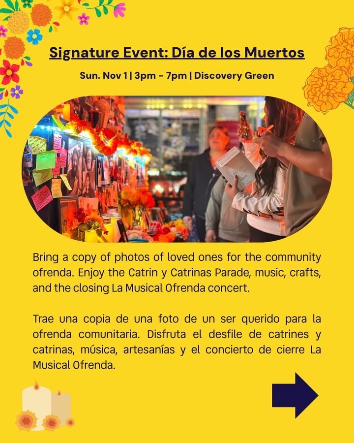 DowntownHouston's tweet photo. Celebrate life, honor memories, and come together in Downtown Houston! 🧡🌼

From colorful ofrendas and lively parades to music, movies, and more, Día de los Muertos is taking over Downtown! 💀🤩

Swipe right to explore the celebrations and save this guide so you don’t miss out! 👉

To view more information, visit https://t.co/rAxMmkzAnu! ✅