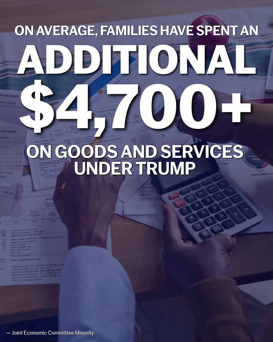 A social media-style graphic overlays a financial scene with a large claim about increased family spending on goods and services. In the background, two people review bills and paperwork at a table, with a calculator and a smartphone visible. There is also a small attribution line at the bottom.