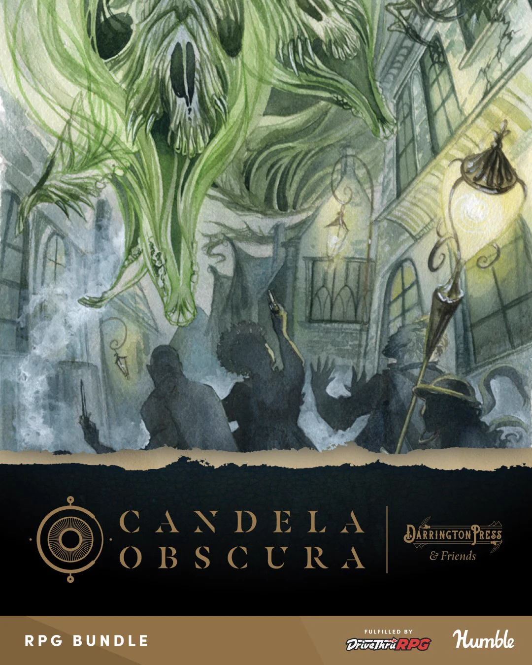 The graphic features art from Candela Obscura. The art featured shows a ghostly green figure hovering in a dimly lit arched hallway. Silhouetted figures appear startled from below. Various logos for Candela Obscura, DriveThruRPG, and Humble are displayed below the art in a black and gold box. 