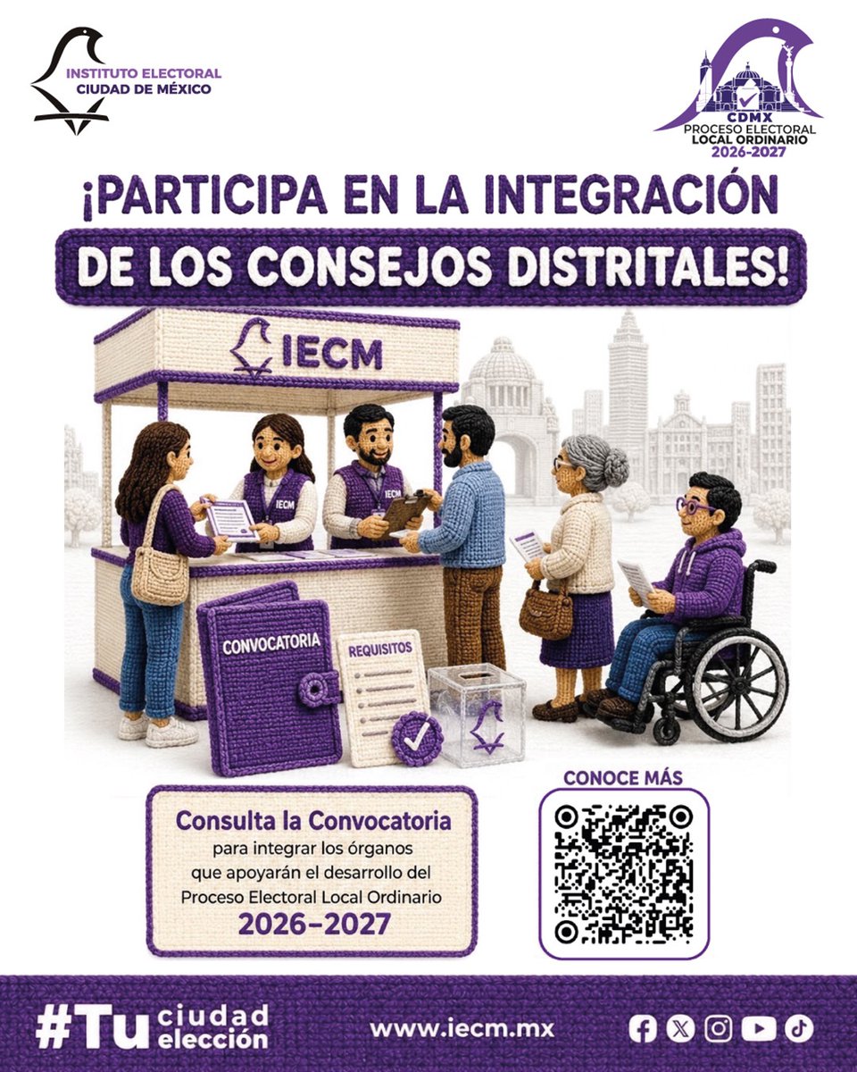 Distrito27IECM's tweet photo. ¡Ya puedes consultar la Convocatoria para integrar los Consejos Distritales!
Si tienes 18 años o más, y tu credencial para votar está vigente, puedes participar en las actividades que contribuyen al desarrollo del Proceso Electoral Local Ordinario 2026-2027

#TuCiudadTuElección https://t.co/V84OXXCqe1
