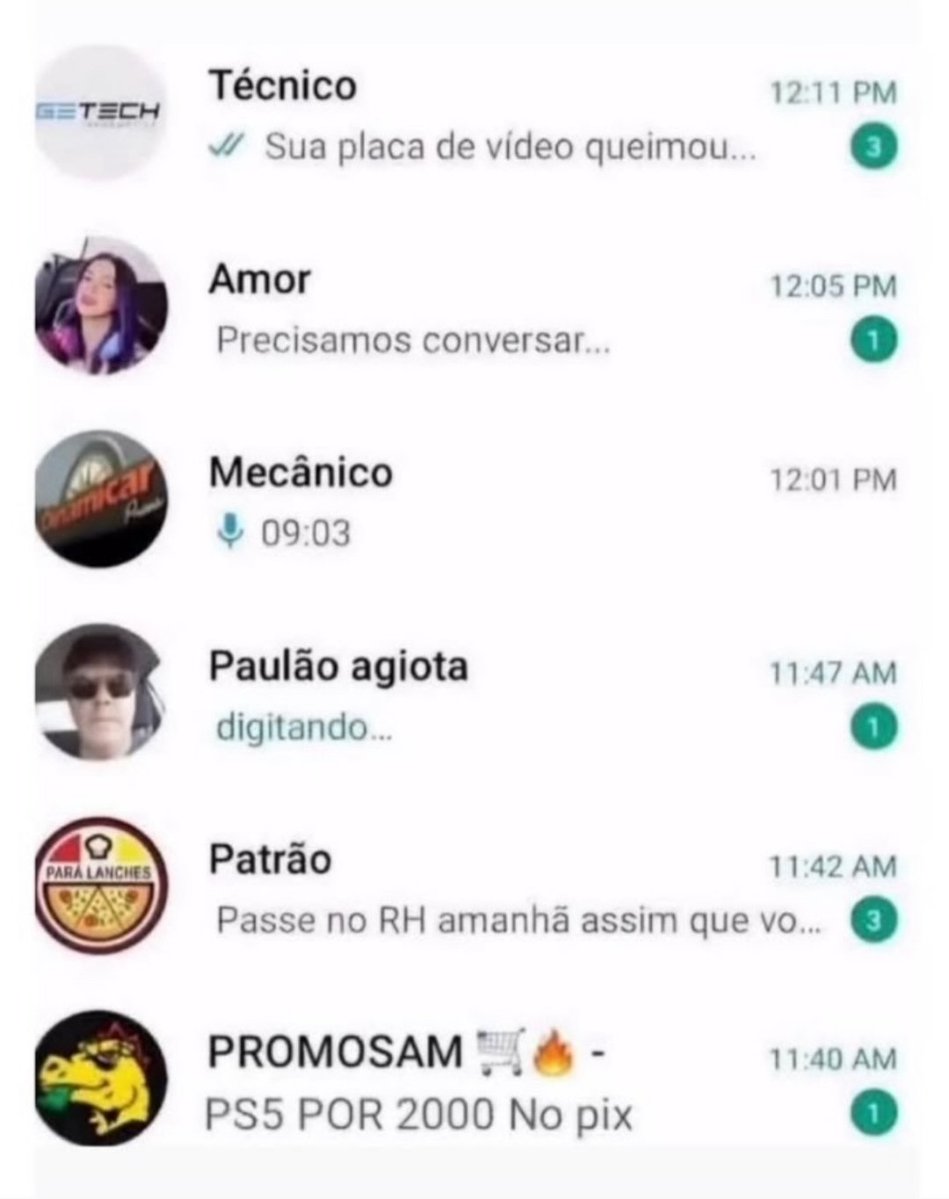afonsinhaofc's tweet photo. nubank: sua fatura venceu hoj..
jupiter web: sua frequencia foi incluida 25%...
doroteia: vem no ensai..
imunologia: me estuda..
israel: سأقبض عليك.
mae: vc ta de castig...
valter: o pao de batata acabou..
psiquiatra: parabens vc é bipol.. https://t.co/cU2VetENOD