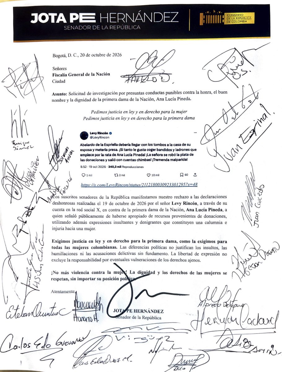 JotaPeHernandez's tweet photo. 🔴25 SENADORES DENUNClAM0S A LEVY RINCÓN ANTE LA FISCALÍA!

Este sujeto calumnió, injurió e insultó a la primera dama (representante de todas las mujeres en Colombia)

La violencia contra la mujer tiene sus consecuencias, nosotros hicimos la ley, llegó la hora de cumplirla. 👇🏻 https://t.co/vvluTNZja2