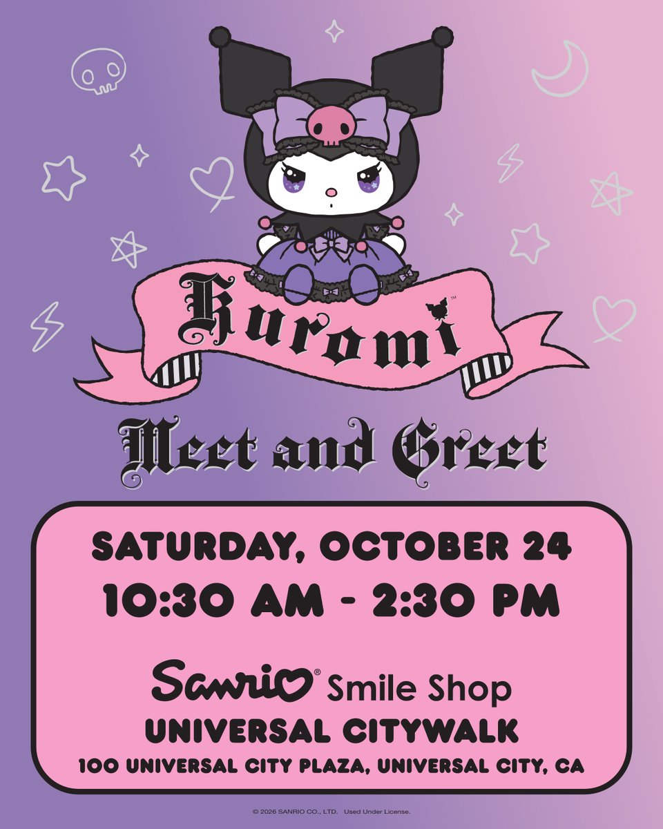UniStudios's tweet photo. Meet the mischievous Kuromi at the @Sanrio Smile Shop located at Universal CityWalk this Saturday, October 24 from 10:30am - 2:30pm PT. https://t.co/kZ63kYPIO4