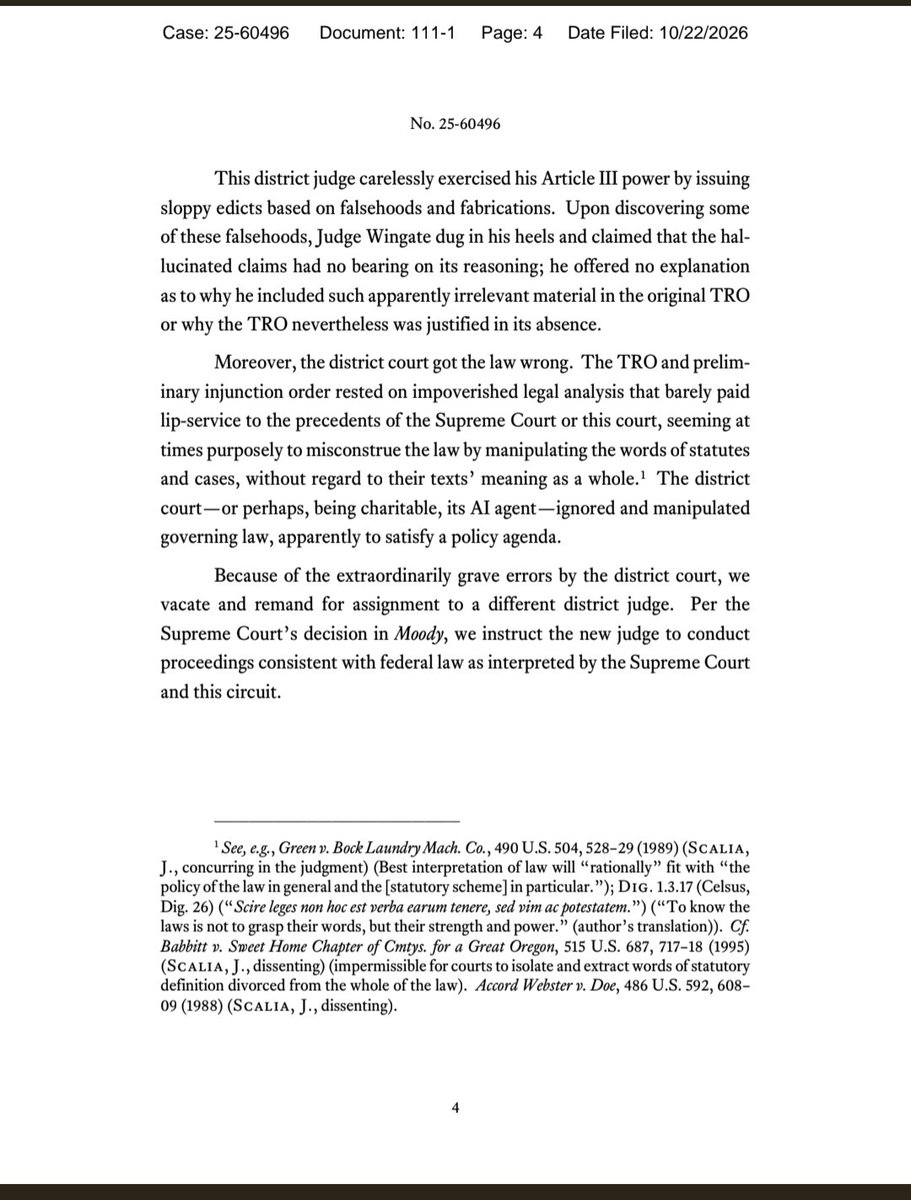 EWess92's tweet photo. Holy guacamole: In a judicial smackdown, Judge J.E. Smith tears into Judge Wingate for his "careless[] exercise" of judicial power and "sloppy edicts based on falsehoods and fabrications." Mississippi's anti-DEI law can go into effect. Judicial AI use takes a beating. Reassigned. https://t.co/DgSHuBen0X