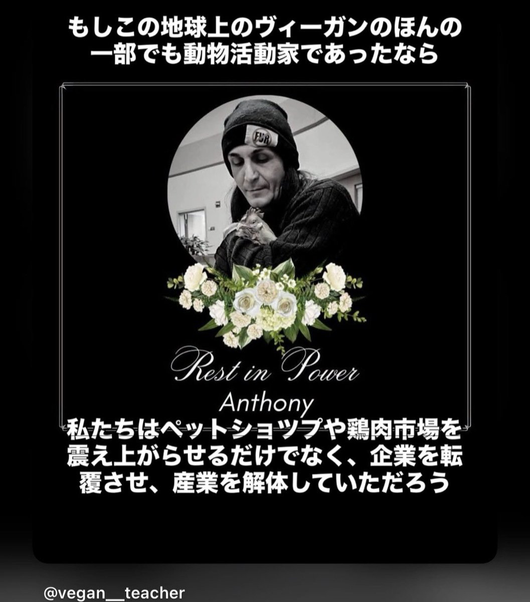 vegan__teacher's tweet photo. 「もしこの地球上の
ヴィーガンのほんの一部でも
動物活動家であったなら
私たちはペットショツプや
鶏肉市場を震え上がらせるだけでなく
企業を転覆させ
産業を解体していただろう」
アンソニー
Rest in POWER
#animalactivismcollective
#アンソニー #ヴィーガン
#restinpower https://t.co/VBchqLoshM