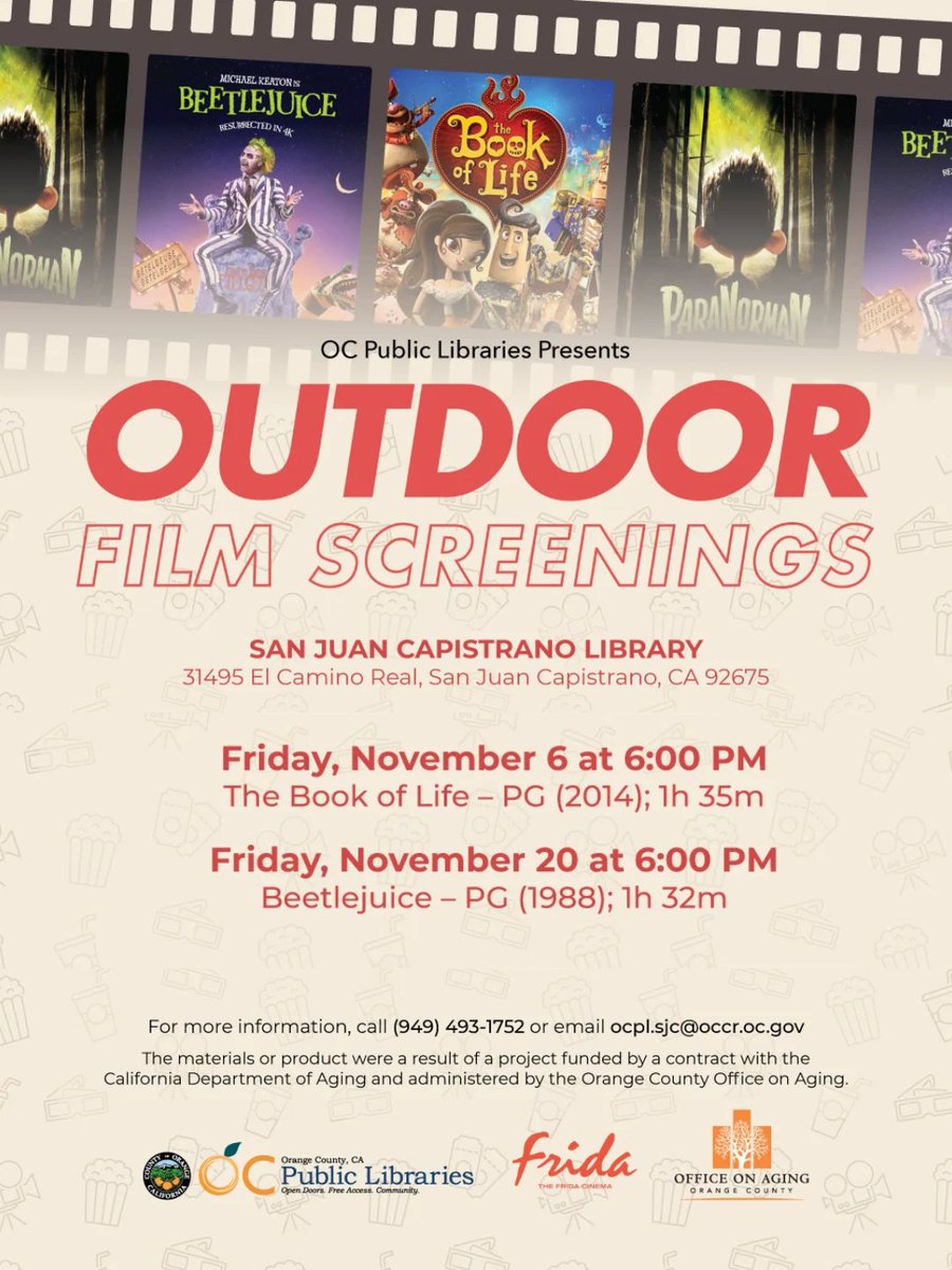 ocpublib's tweet photo. We've got a new date for Beetlejuice, so mark your calendars and enjoy a cozy movie night under the stars at San Juan Capistrano Library! . Don't forget your blanket or lawn chair. Complimentary concessions will be available while supplies last. https://t.co/ZpB6H8nEiZ