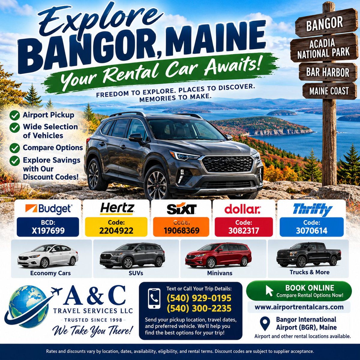 ACTRAVELSERVICE's tweet photo. 🚗 Flying into Bangor, Maine? Compare rental cars with A &amp; C Travel Services! 🌲 SUVs, minivans &amp; more.

💰 Budget: X197699 | Hertz: 2204922
📲 540-929-0195
🌐 https://t.co/xpxSDssu4H

#BangorMaine #CarRental #wetakeyouthere https://t.co/K4MQlcmtqo
