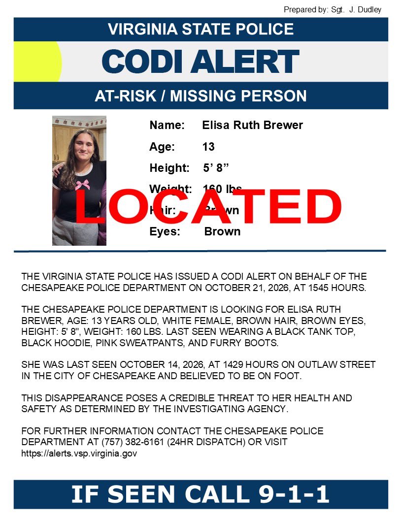 VSPAlerts's tweet photo. ***UPDATE***
***CODI ALERT***
***THE PERSON HAS BEEN LOCATED SAFE*** https://t.co/YzU8hRFEfi
