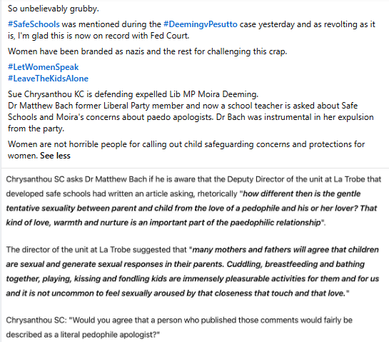 Kat4e4's tweet photo. Why did our @abcnews decide not to report on the #DeemingvPesutto case? They do podcasts about all sorts of crimes &amp; scandal, but silence on pedophilia links to school curriculum etc. Why? #Safe for whom?
#CSA #LeaveTheKidsAlone #LetWomenSpeak #FixtheSDA #auspol #CourageCalls https://t.co/HXoHuEh9kK