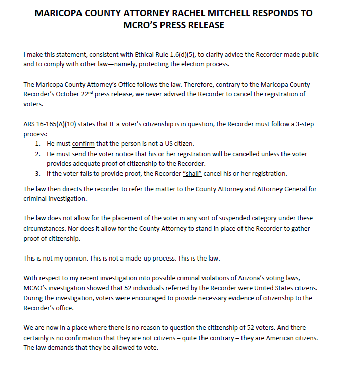 brahmresnik's tweet photo. 'THE LAW DEMANDS THEY BE ALLOWED TO VOTE'  GOP Maricopa County Attorney Rachel Mitchell responds to GOP County Recorder Justin Heap's attempt to bar 25 voters from casting ballots in midterms. Heap had incorrectly flagged voters as non-citizens. Court hearing 11am Friday. https://t.co/HNjKA3GWvK