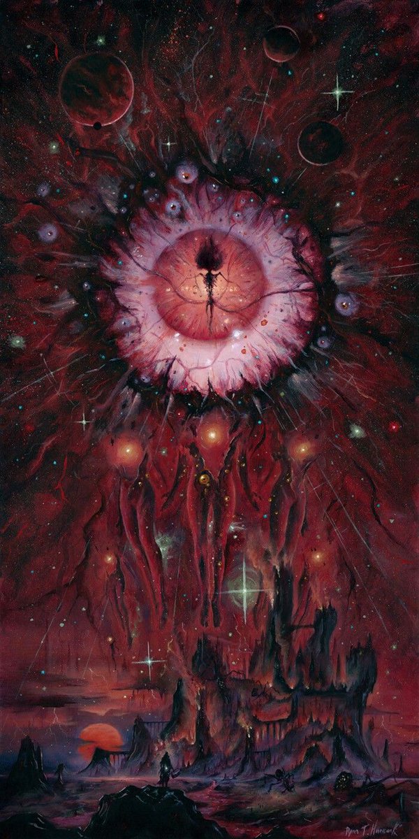 HPL_JDeLaughter's tweet photo. 💀The moon is dark, and the gods dance in the night; there is terror in the sky, for upon the moon hath sunk an eclipse foretold in no books of men or of  earth's gods...' There is unknown magic on Hatheg-Kla, for the screams of the frightened gods have turned to laughter, and the slopes of ice shoot up endlessly into the black heavens whither I am plunging... Hei! Hei! At last! In the dim light I behold the gods of earth!🎨
"The Moon Presence" by Ryan T. Hancock💀#HPLovecraft #Lovecraftian #Cthulhu #Dagon #Azathoth #Kraken #Yogsothoth #Nyarlathotep #Necronomicon #Gothic #Monster #Mythos #Apocalypse #HorrorArt #Horror #Scifi