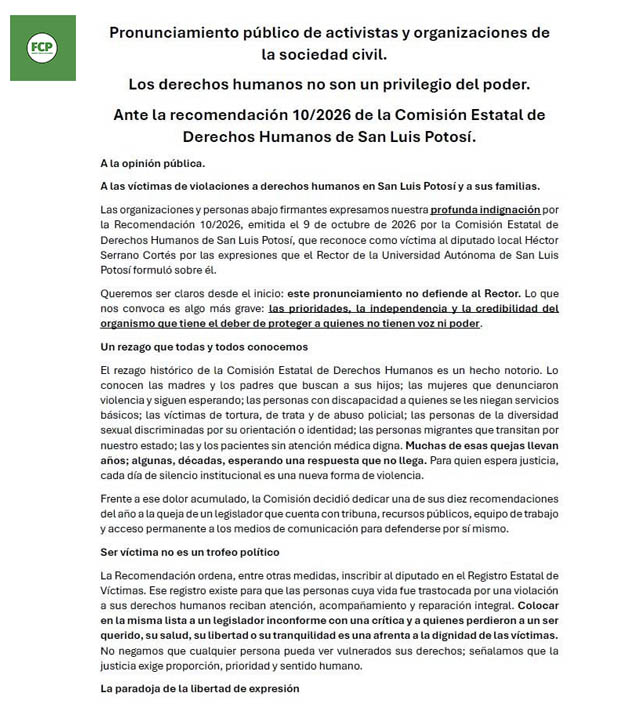 FrenteCivicoP's tweet photo. Los derechos humanos no son un privilegio del poder. Exigimos a la CEDH prioridad para las verdaderas víctimas en situación de vulnerabilidad y no a los intereses políticos. @pulso_mx @AstrolabioSLP @LaNoticiaSanLui @OmarNino13 @Pajaropolitico https://t.co/YUm0OaVAYA