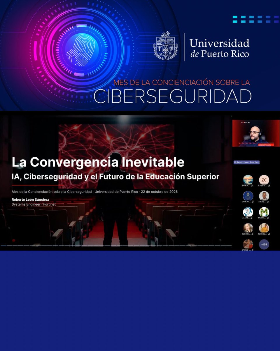 UPR_Oficial's tweet photo. 📲 Más de 160 personas participaron hoy en el webinar “La convergencia inevitable: IA, ciberseguridad y el futuro de la educación superior”. 

Agradecemos al ingeniero Roberto León Sánchez por la experiencia.

#SomosTuUniversidad https://t.co/i65AFLNng0