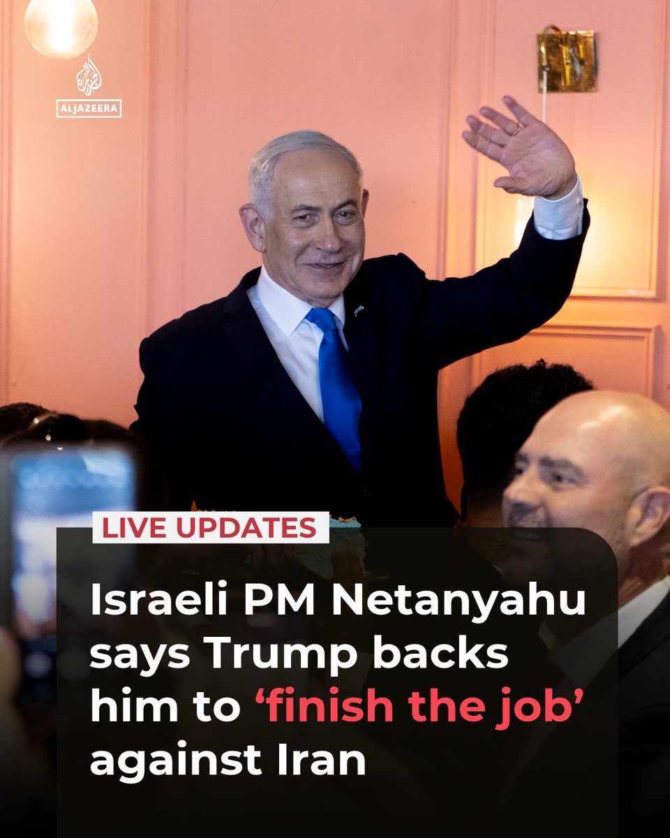 AJEnglish's tweet photo. Israeli PM Netanyahu says US President Trump wants to “finish the job” against Iran with him as a partner, warning Tehran that any new attack would be met with unimaginable force.

🔴 LIVE updates: https://t.co/QQYyD2f302 https://t.co/DbdlggMugk