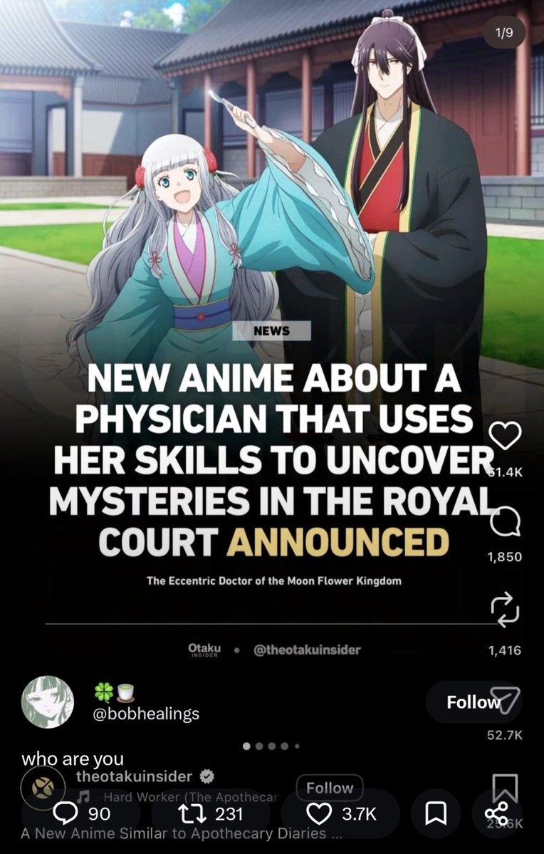 jerlockx's tweet photo. You guys know that The Apothecary Diaries isn't the first and only series where a smart girl solves mysteries in palace right? https://t.co/n2ApZlohsx