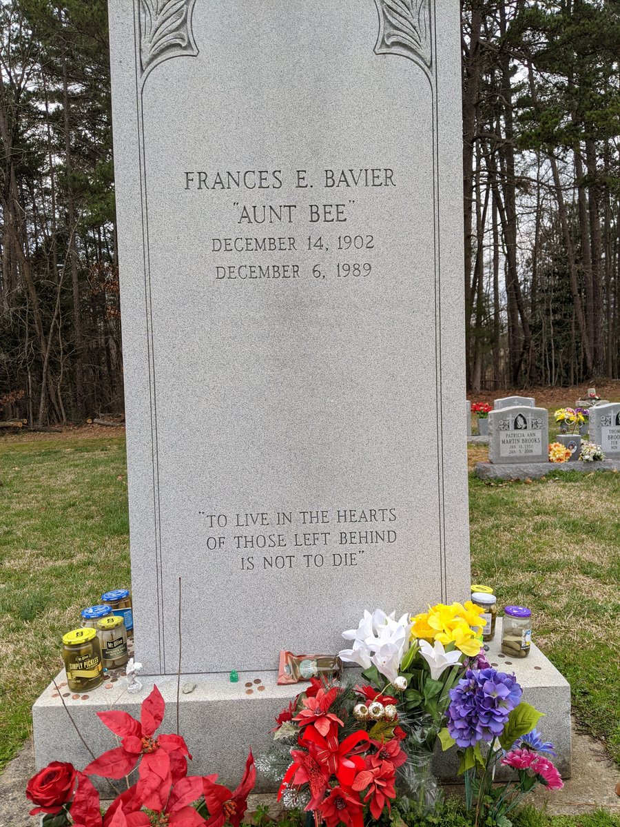 warrenbingham's tweet photo. I pass near actress Frances Bavier's Siler City grave frequently over the course of a year and I'll stop 2-3 times annually to pay respects and see what other well-wishers have left at her grave. There are usually pickles left as a tribute to the notable Andy Griffith episode in which Aunt Bee made awful inedible pickles.