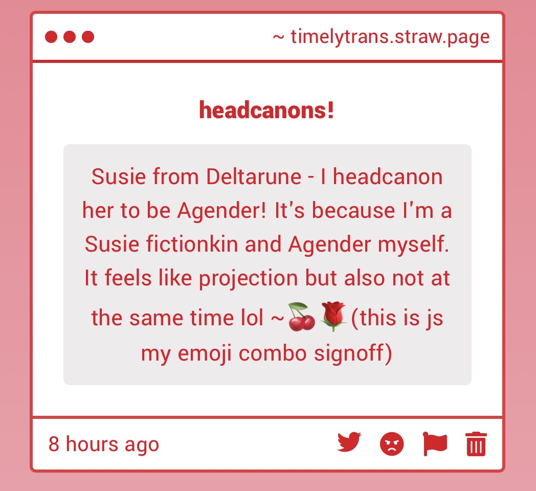timelytmascfem's tweet photo. Susie from Deltarune is agender! (headcanon)

submitted by anon
—🌪️ https://t.co/LTO5og6n6g