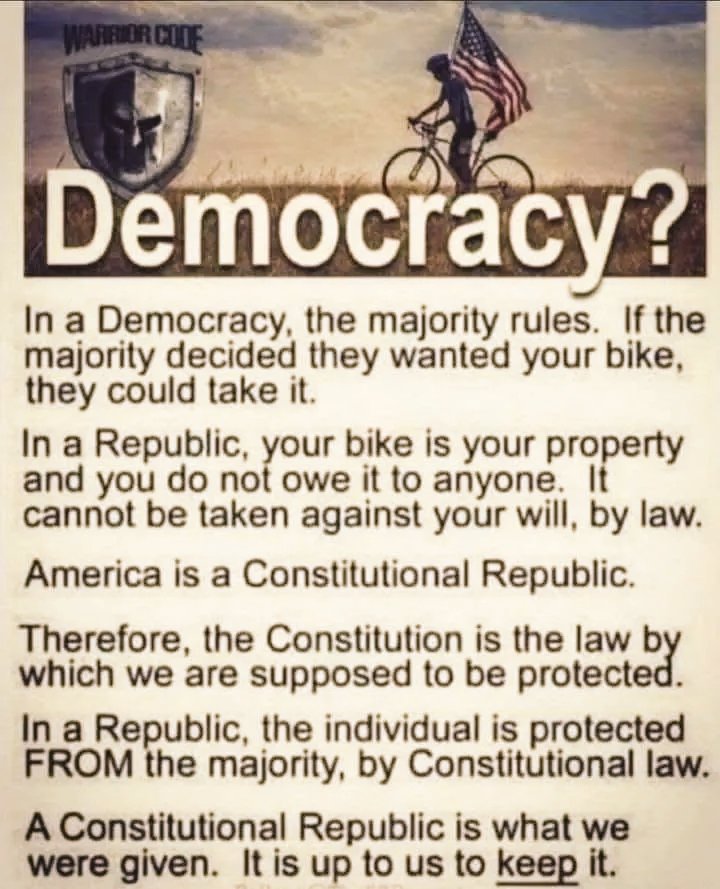 D_Pheenyx's tweet photo. America is NOT A DEMOCRACY. The word "democracy" is NOT in any of the founding documents whatsoever. This is another Democrat party indoctrination mind game to redefine and take away your rights. STOP LISTENING TO THOSE DEMONS‼️

A CONSTITUTIONAL REPUBLIC falls when voters repeatedly elect socialists promising "free stuff," slowly converting your country into a big-government machine that trades your rights and freedoms for government dependency.

Step off the Trump hate train. The real threat isn’t Trump’s personality. It’s the march toward communism and islam.

America is a CONSTITUTIONAL Republic‼️