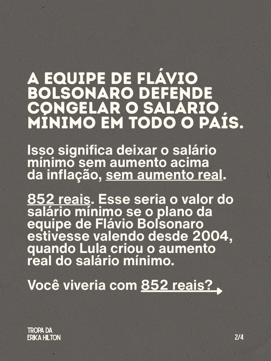 joujouba_'s tweet photo. Você viveria com 852 reais?

Nos planos de Flávio Bolsonaro, esse poderia ser o salário mínimo hoje.

#FlavioOdeiaTrabalhador 
#LulaVaiVirar https://t.co/QGqqP7uTQ2
