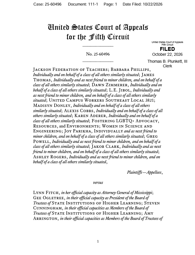 scotus_wire's tweet photo. NEW: The Fifth Circuit allowed Mississippi's anti-DEI education law to take effect and ordered the case reassigned to a different judge, sharply criticizing AI-generated fabrications and serious legal errors in Judge Henry Wingate's rulings blocking the law. https://t.co/oaF82Z2r90