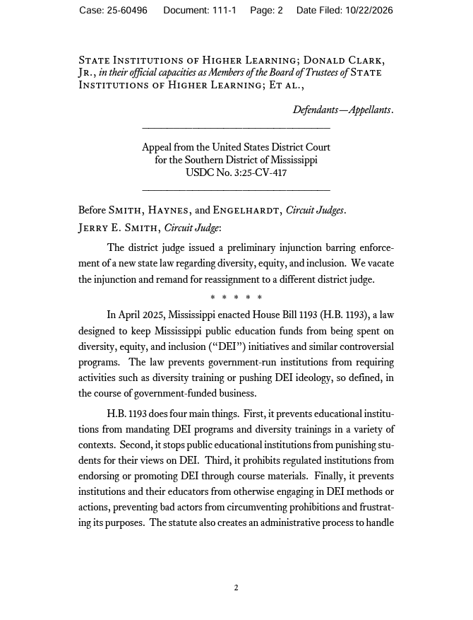 scotus_wire's tweet photo. NEW: The Fifth Circuit allowed Mississippi's anti-DEI education law to take effect and ordered the case reassigned to a different judge, sharply criticizing AI-generated fabrications and serious legal errors in Judge Henry Wingate's rulings blocking the law. https://t.co/oaF82Z2r90