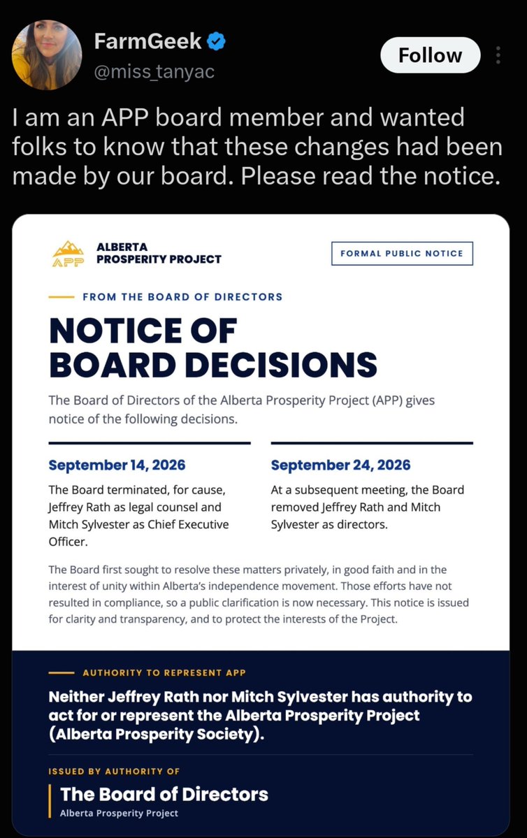 cspotweet's tweet photo. It appears Jeffrey Rath and Mitch Sylvestre were fired from the Alberta prosperity project last month and removed from the board of directors. 

The move was kept quiet to not overshadow the vote. https://t.co/HXHomNH9PY