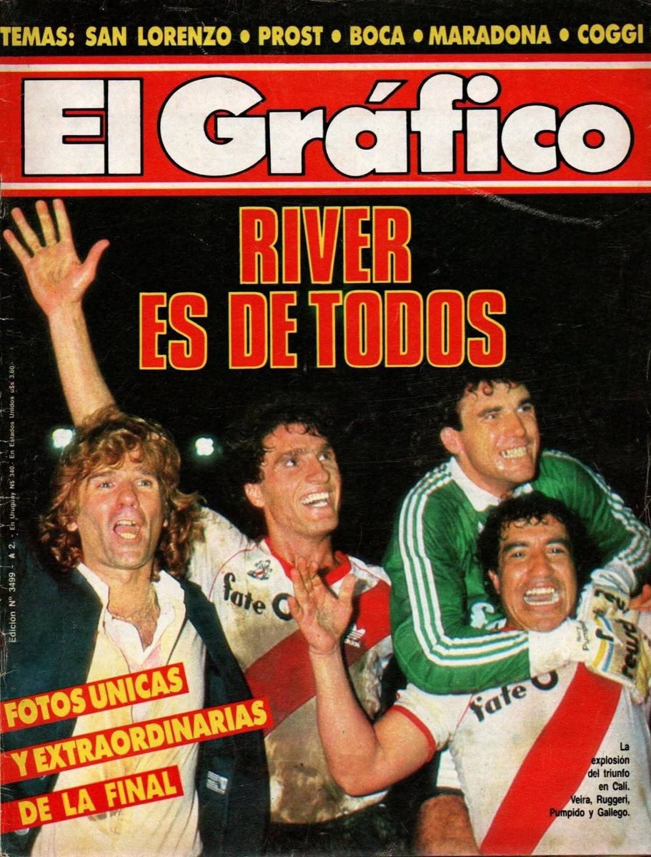 DanyPaez1975's tweet photo. Un 22 de octubre de 1986 River gana 2 a 1 en Colombia a América de Cali con goles de Juan Gilberto Funes y Norberto Alonso. Ese equipo de hombres de Veira ganaba en todos lados y faltaba una semana para ganar la primera Copa Libertadores en casa con gol del Búfalo Funes. Eterno. https://t.co/D7jTSmS4Gd