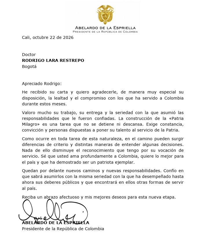 ELTIEMPO's tweet photo. 🔴 Presidente Abelardo De La Espriella responde a carta de renuncia de Rodrigo Lara al Ministerio de Interior.

“Como ocurre en toda tarea de esta naturaleza, en el camino pueden surgir diferencias de criterio y distintas maneras de entender algunas decisiones”, dice el jefe de Estado en la misiva dirigida al exministro