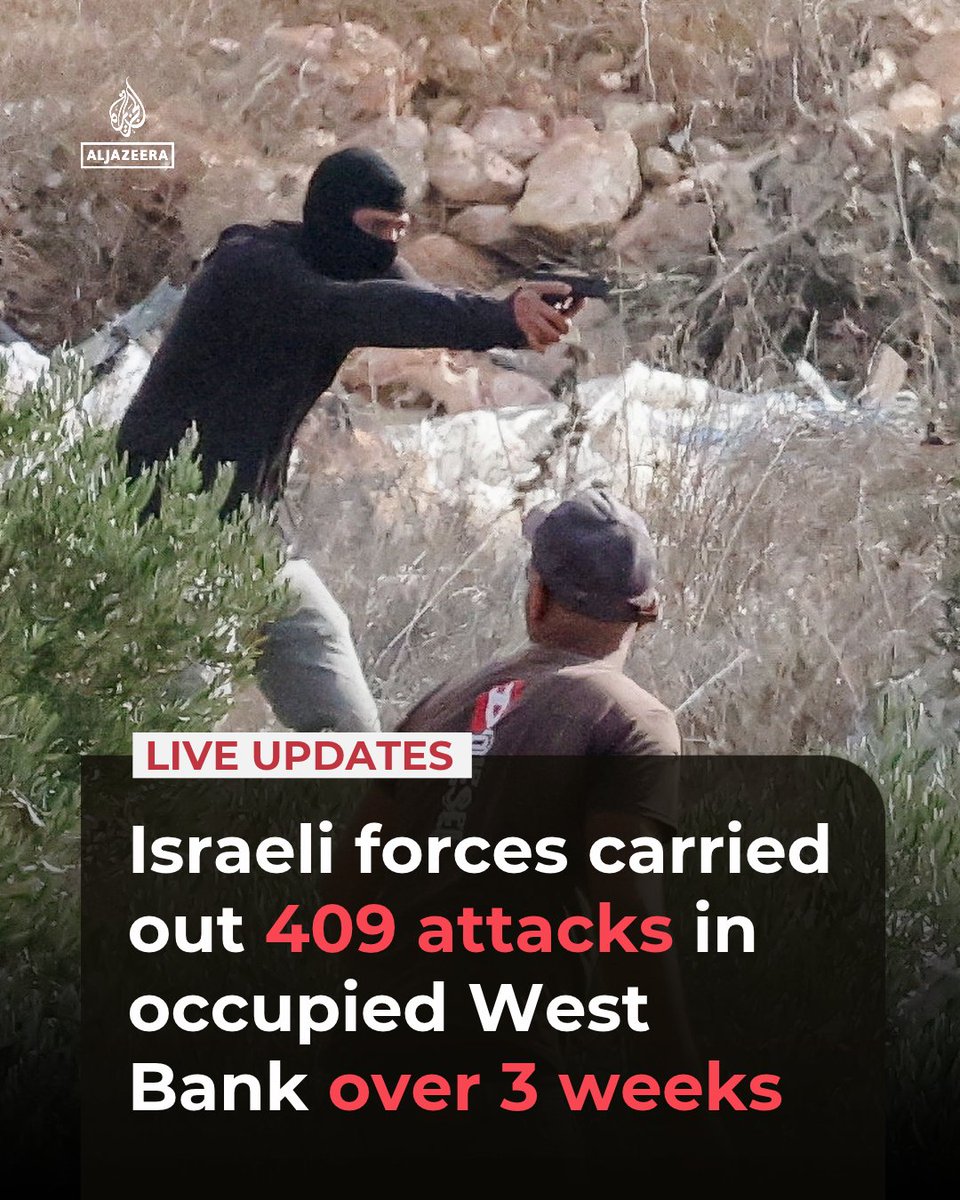 AJEnglish's tweet photo. Israeli forces and settlers carried out 409 attacks on Palestinian olive farmers and their land in the occupied West Bank over three weeks, including 317 by settlers and 92 by the military, the Palestinian PM’s office says.

🔴 LIVE updates: https://t.co/QV873mUcAr https://t.co/eD5xN0NCiq