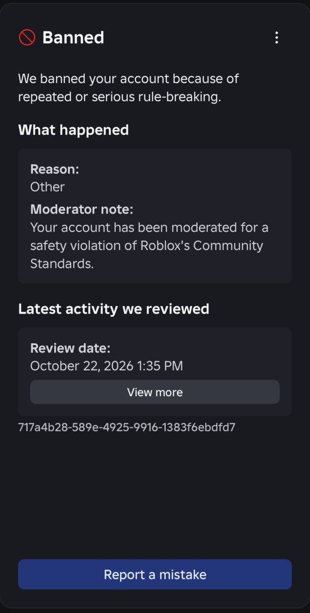 Bingusprobably's tweet photo. Hmmm so roblox decided to hardware ban me for "serious rule-breaking" when I had only 2 violations on my account?? I can't even sign back in to my account because it got deleted, and I can't appeal the ban because it physically won't let me. I can't even make new accounts either. https://t.co/zyuFTI1wFj
