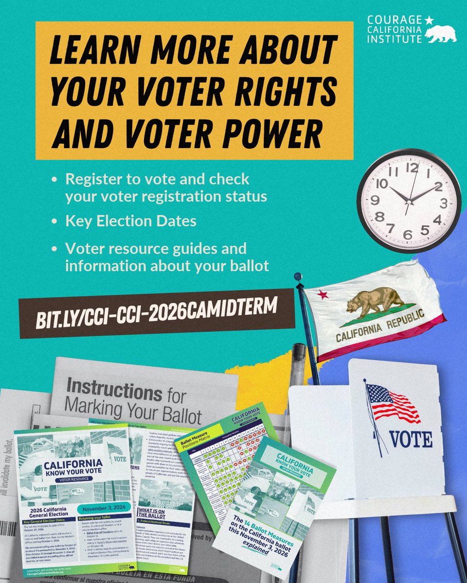 CourageCA's tweet photo. Are you going to be working on Election Day and not sure if you will make it to the polls during their open hours to vote from 7 a.m. to 8 p.m.?

Employees in California are eligible for up to two hours of paid time off for the purpose of voting if they do not have sufficient time outside of working hours to vote.

Employees who need time off to vote can take as much time as they need to vote, but are only eligible for 2 hours of paid time.

If you are three working days before the election and you think you will need time off to vote, notify your employer at least two working days prior to the election.

Learn more about PTO for Election Day at: https://t.co/dRU1AmeksW

Access voter resources to help you navigate the CA General Election on November 3, 2026 at: https://t.co/tXsaK5HGdv
