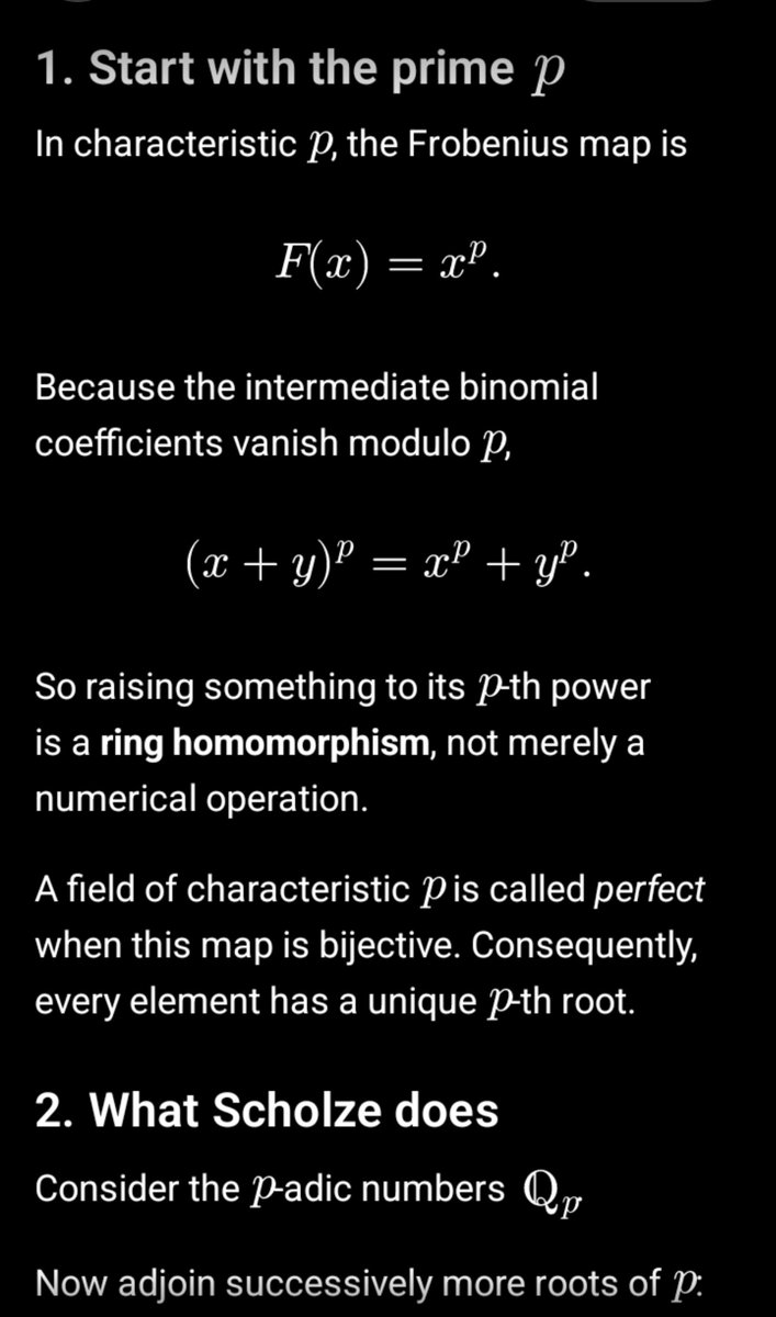 isomorphisms's tweet photo. I asked about perfectoid spaces and laughed out loud that (xᵖ + yᵖ) = xᵖ + yᵖ was observation one of Scholze’s argument

(I know, somebody made the joke last week …) https://t.co/CH6nQhqPqx