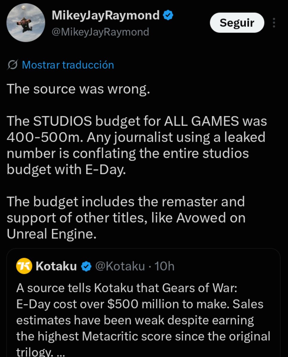 joe_tashune's tweet photo. Se cuestiona el presupuesto de 500 millones de dólares de Gears of War: E-Day

Un reporte de Kotaku aseguró que Gears of War: E-Day costó más de 500 millones de dólares en desarrollo (sin contar marketing). El medio citó una fuente familiarizada con los negocios de Xbox y señaló que las ventas iniciales habrían sido débiles a pesar de las buenas críticas.

Sin embargo, el periodista MikeyJayRaymond afirmó que esa cifra está mal interpretada. Según él, los 400-500 millones de dólares corresponden al presupuesto total del estudio The Coalition para todos sus juegos, no únicamente a E-Day. Ese monto incluiría el remaster y el soporte a otros títulos, como Avowed en Unreal Engine.

Otros periodistas, como Jez Corden de Windows Central, han señalado que existe confusión sobre si la cifra refleja solo el costo de E-Day o también los gastos generales del estudio. Microsoft no ha confirmado oficialmente el presupuesto del juego.
