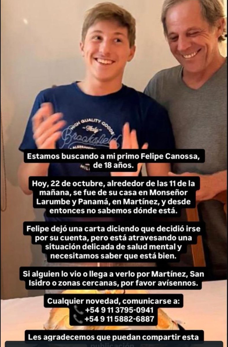 GloriaVintagee's tweet photo. Buscan a Felipe Canossa. Si alguien lo vio por Martínez, San Isidro o zonas cercanas, comunicarse  los teléfonos indicados en la foto. https://t.co/DhJzppyJIT