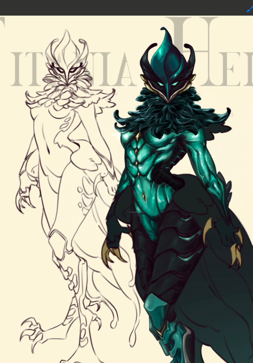 EleanorGrootch's tweet photo. Little update on this just so that I can jump in on at least one Tennotober prompt. 

Day 22: Heirloom. 

Titania Heirloom WIP 🦚🖤
#warframefanart https://t.co/2SeMRfZYCg