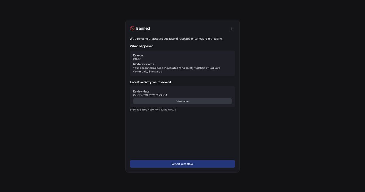 grimglitch53's tweet photo. my account, grimglitch53, was banned in the recent roblox ban wave. many people are dealing with ai moderation issues. my game appeal was denied, and support keeps telling me to appeal somewhere my account ban isn’t even listed. @Roblox https://t.co/ciaIWuLWmz