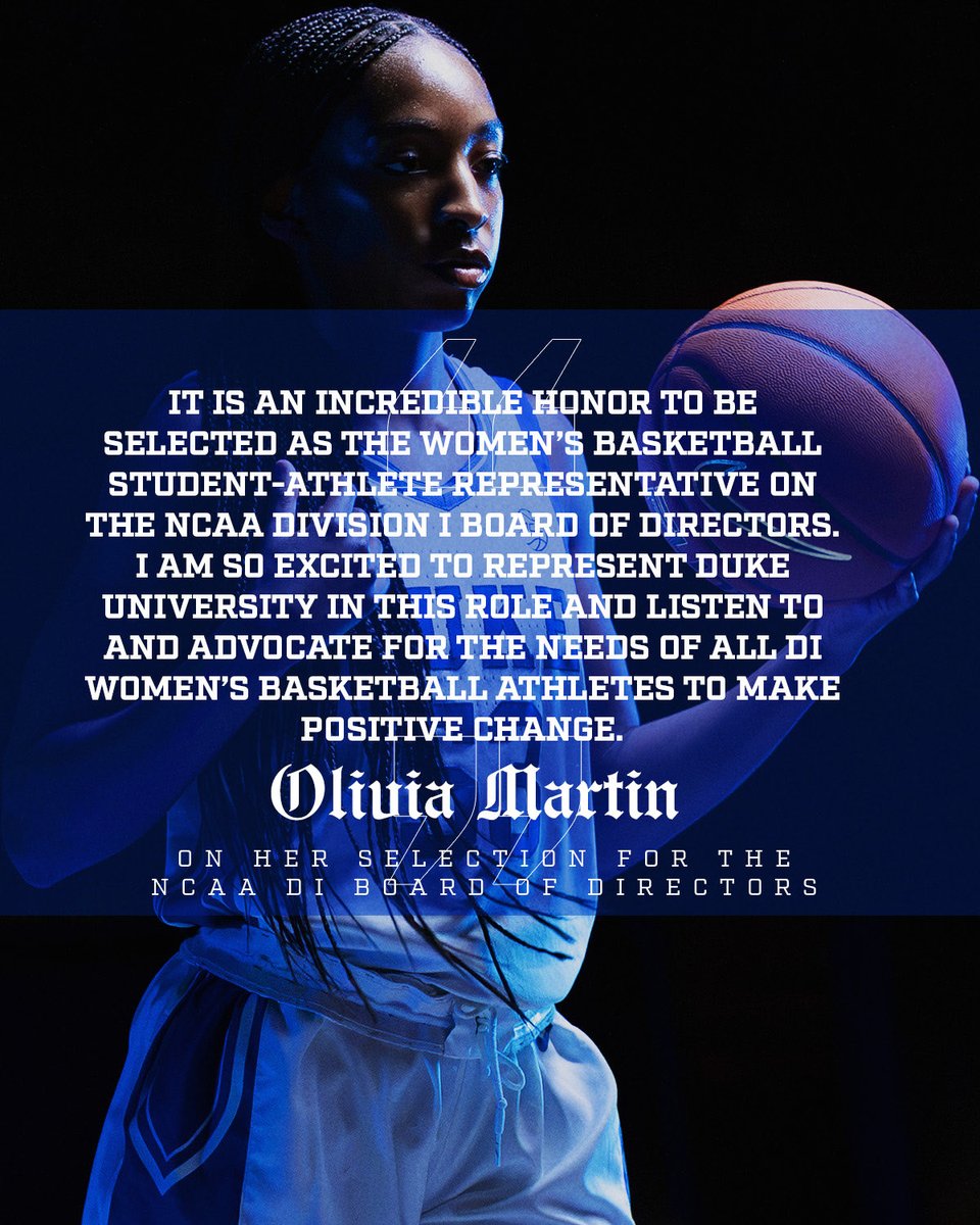 DukeWBB's tweet photo. Herstory made.✍️

Olivia Martin is representing @DukeU and advocating for all on the national collegiate athletics stage. 

Joining @NCAA leadership, Liv is a powerful student-athlete voice for women’s collegiate basketball players. She’s making history, leading beyond the court, and working to shape the future. 💙
