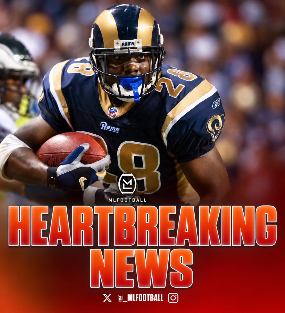 MLFootball's tweet photo. 🚨🚨HEARTBREAKING NEWS🚨🚨

Legendary #NFL running back and Hall of Famer Marshall Faulk has revealed he has Parkinson’s disease.

Marshall had recently started to notice the symptoms.

One of the all-time great human beings and players.

Thoughts and prayers are with Faulk.

🙏 https://t.co/5X7GlkEiYk