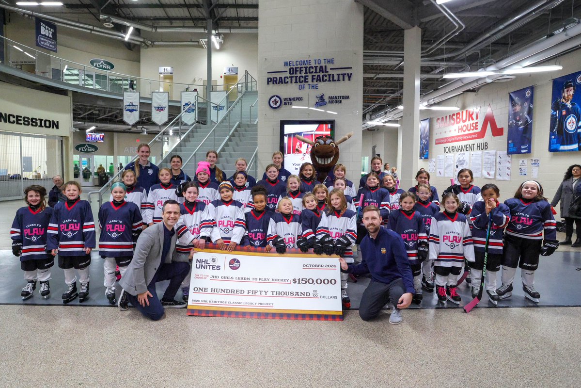 NHLJets's tweet photo. The @NHL and Winnipeg Jets announce $150,000 NHL Unites Legacy Project with girls Learn to Play Program. 

@hockeyforallctr | #GoJetsGo https://t.co/xNuuywNAZY