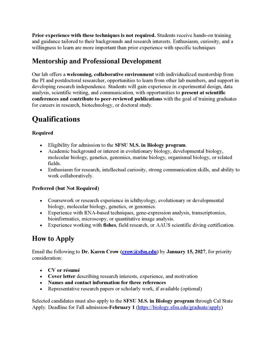 EvoDevoPanAm's tweet photo. Interested in EvoDevo and Deep Homology of Fins and Limbs? 🐟🧬🔬  

Great Master's Research Opportunity! Join the Crow Lab - SFSU

Apply to the SFSU M.S. in Biology program https://t.co/7uft9tWfZ1