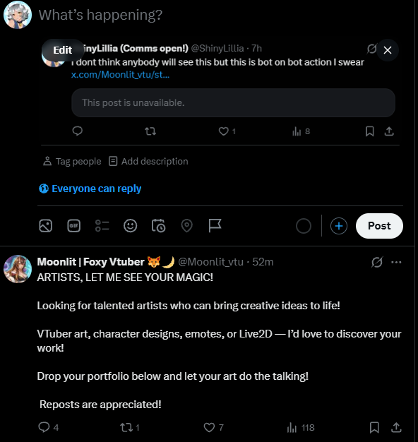 ShinyLillia's tweet photo. haha they deleted their post
Idk what the end goal is, but im not comfortable with real artists replying, it feels like a weird bot echo chamber https://t.co/J41DMlJrW3