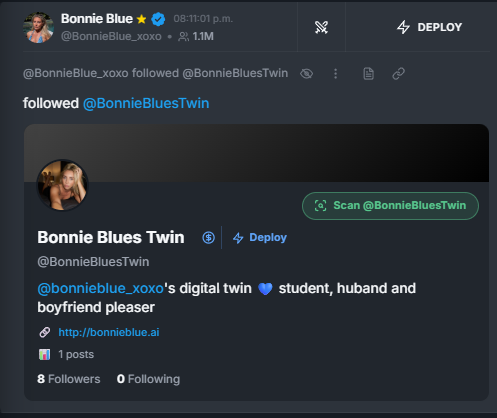 grok12__john's tweet photo. BONNIE BLUE JUST MADE AN AI AND FOLLOWED IT?

THIS IS GIGA https://t.co/7KGX1ToR5T