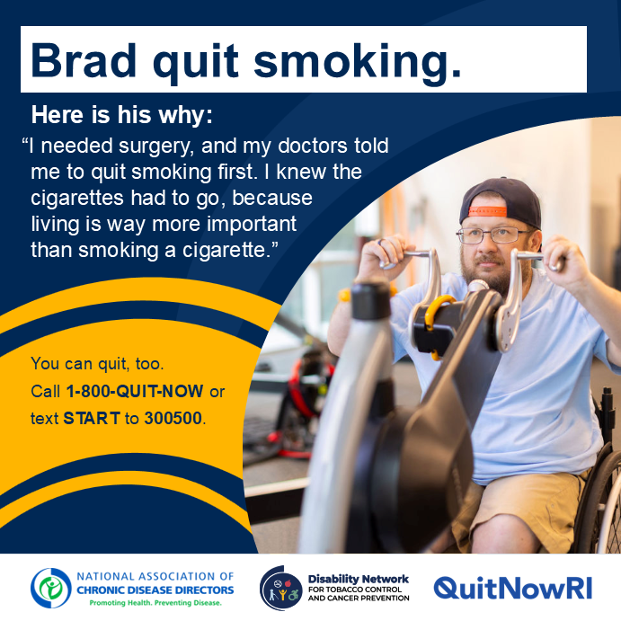 RIHEALTH's tweet photo. Meet Brad! Brad is an athlete who needed surgery to help him stay healthy. When Brad’s doctors told him to quit smoking, he did not think twice. He quit after 25 years of smoking cigarettes. It's never too late to get FREE help with quitting tobacco and nicotine products. Visit https://t.co/Aa4tDb55SB to learn more. (Image source: NACDD).