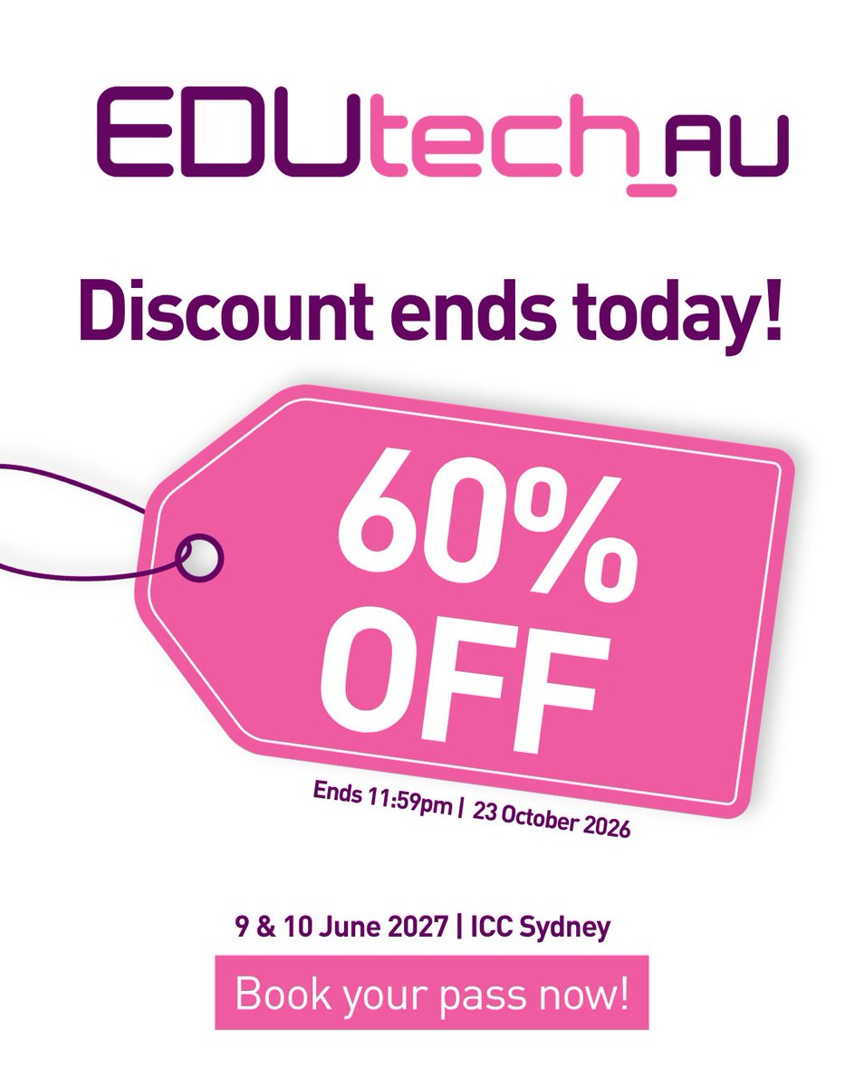 EDUtech_AU's tweet photo. Cut through the hype and see what’s actually working in Australian classrooms.

Discounted passes ends TODAY! Grab yours before midnight 👉 https://t.co/8u0q4aJg8g

📅 9 &amp; 10 June 2027
📍 ICC Sydney

#EDUtechAU https://t.co/Vg6mHqnvy5