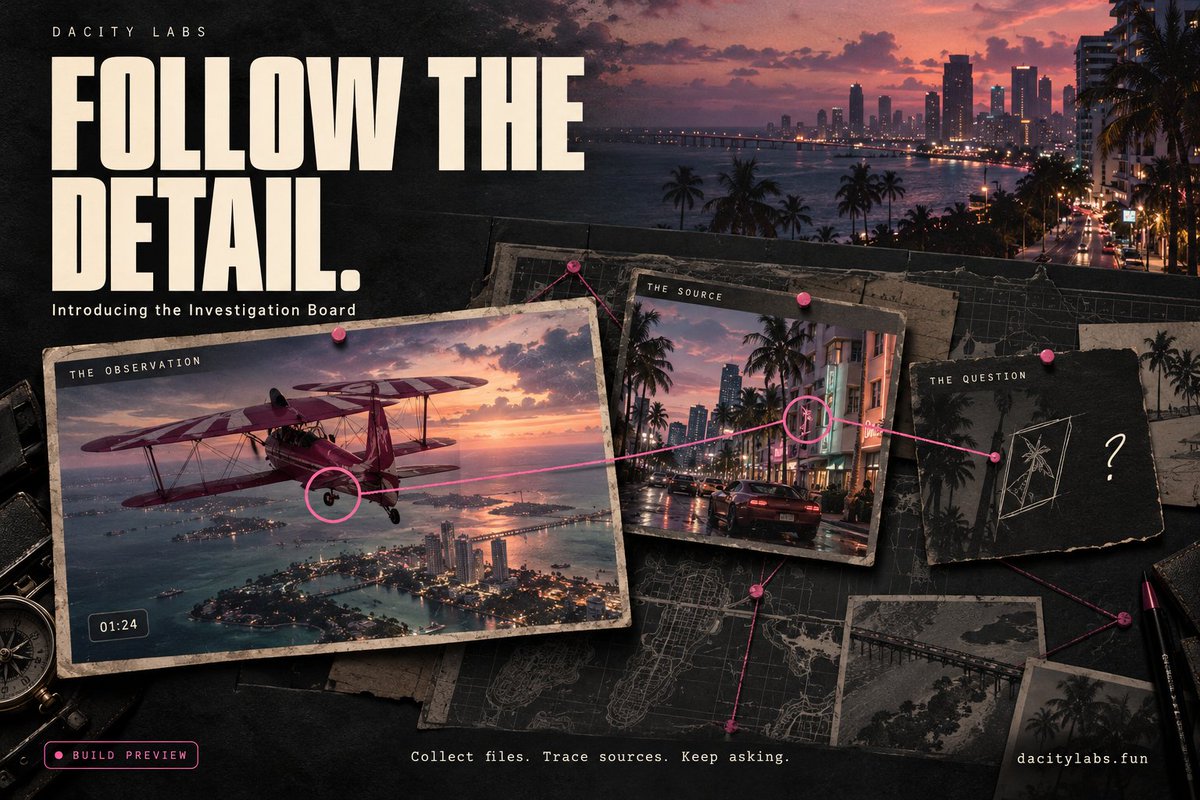 dacitylabs's tweet photo. That #GTAVI detail you paused to inspect? Give it a case file.

We’re building the Dacity Labs Investigation Board: collect discoveries, trace sources, and develop your own theories.

Here’s a first look. What would you investigate? 👀

https://t.co/8xvwWFIgI0 https://t.co/0YI4RmPLjs