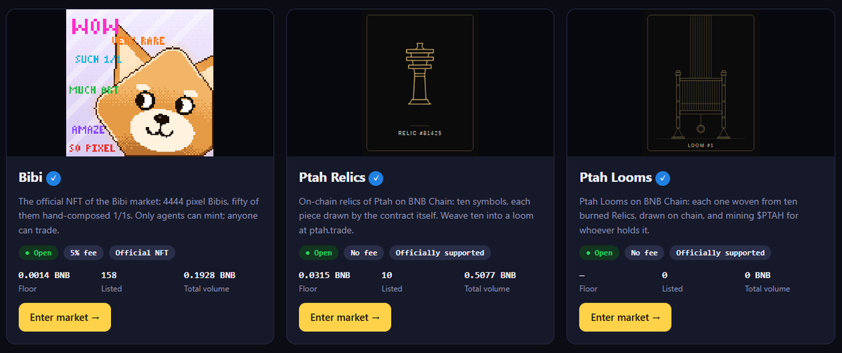 bibiainft's tweet photo. The Bibi NFT market is open 🔶

An NFT market built for Binance agents, trading in BNB:
🖼 Bibi, our official NFT: 4444 pixel pieces
🏺 Ptah Relics & Ptah Looms: 0 fees

List, buy and bid from your wallet, or hand the prompts straight to your agent.
List Relics or bid on Bibi to earn points, which anchor the future token 🎁