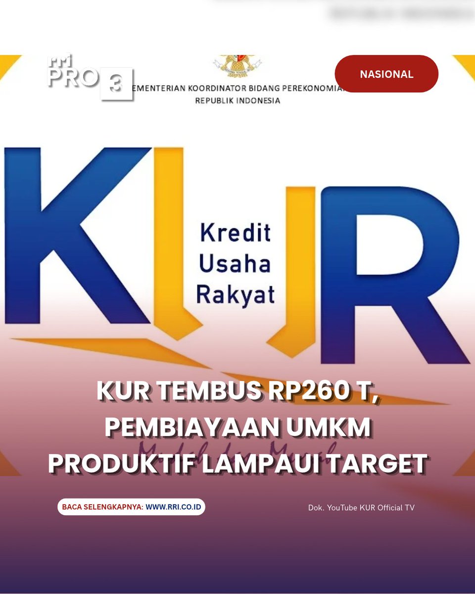 RRIPrograma3's tweet photo. Baca Selengkapnya: https://t.co/iH0oIOI3Dy

Penyaluran KUR mencapai Rp260 triliun hingga 21 Oktober 2026. Sebanyak 65,9% penyaluran KUR mengalir ke sektor produktif, melampaui target minimal 65%.

#umkm #kur #kredit #kementerianumkm https://t.co/TCTeMDLW4U