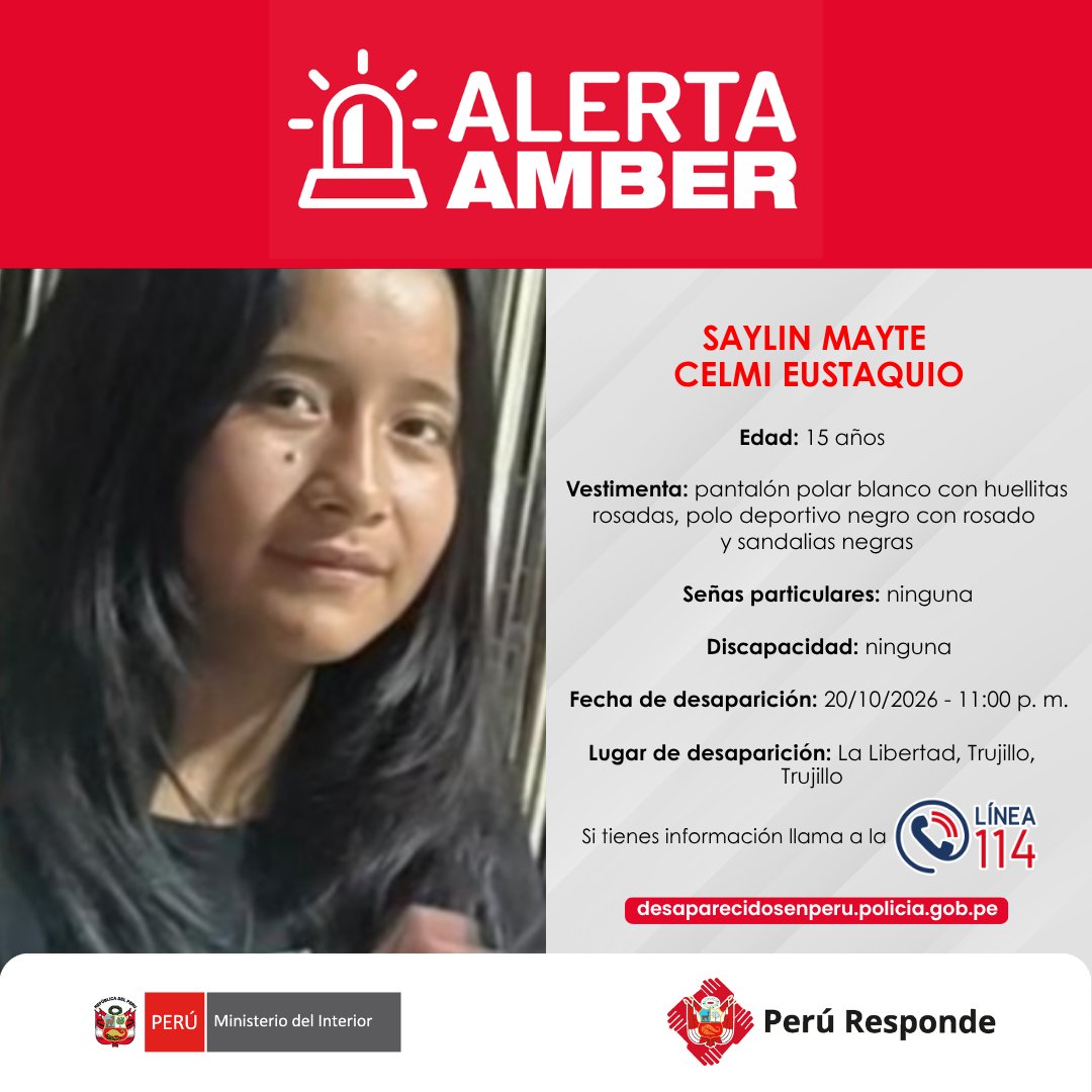 MininterPeru's tweet photo. 🚨 #AlertaAmber | ¡Súmate a la búsqueda!

➡️ Julio César Quispe Ayquipa (3)
➡️ Giovany Alexander Vielma Fernández (10)
➡️ Saylin Mayte Celmi Eustaquio (15)
➡️ Sigfried Ricardo Vilca Valencia (26)

📲 Si conoces la ubicación de alguno de ellos, comunícate con la #Línea114 de la Policía Nacional del Perú. ¡Tu colaboración es importante!

#DesaparecidosEnPerú
