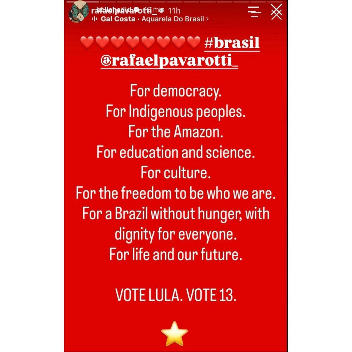updateoliviabr's tweet photo. VEIO AÍ! Bella Hadid publicou em seu Instagram uma manifestação de apoio ao presidente Lula neste segundo turno:

“Pela democracia. 
Pelos povos indígenas. 
Pela Amazônia. 
Pela educação e pela ciência. 
Pela cultura. 
Pela liberdade de sermos quem somos. 
Por um Brasil sem fome, com dignidade para todos. 
Pela vida e pelo nosso futuro.

VOTE LULA. VOTE 13. ⭐”